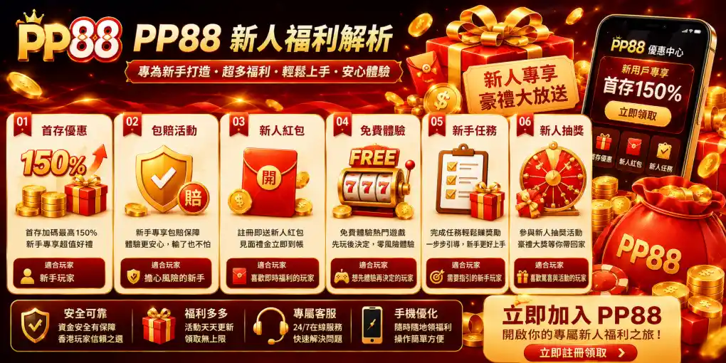 PP88 新人福利解析，展示首存優惠、包賠活動、新人紅包、免費體驗、新手任務與新人抽獎