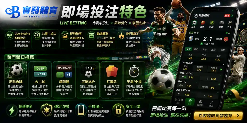 實發體育即場投注特色，展示 Live Betting、即時賠率、數據更新、足球角球、大小球與讓球盤