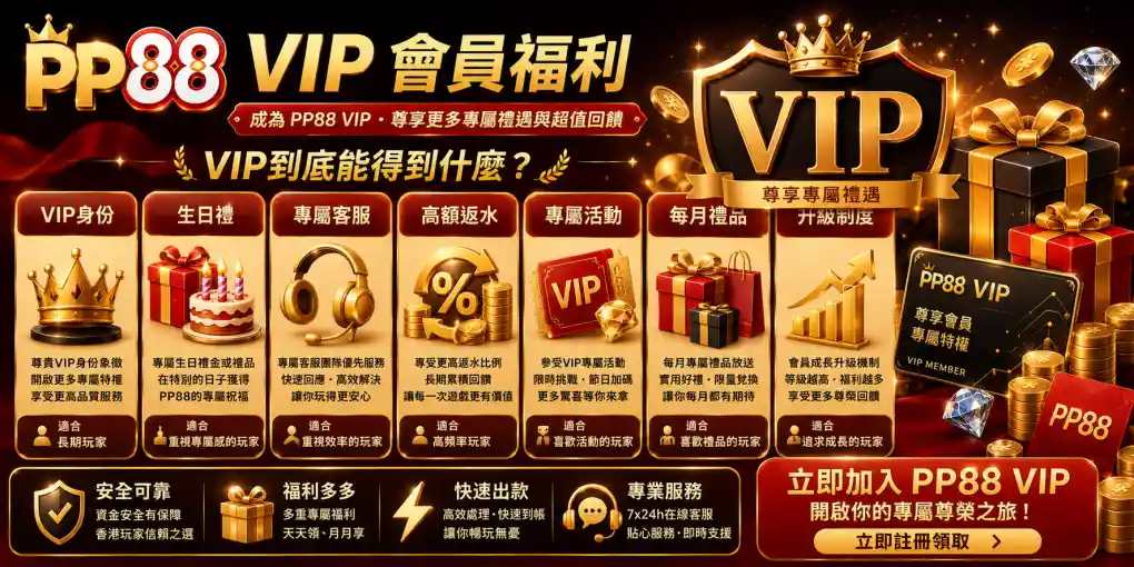PP88 VIP會員福利，展示生日禮、專屬客服、高額返水、專屬活動、每月禮品與升級制度