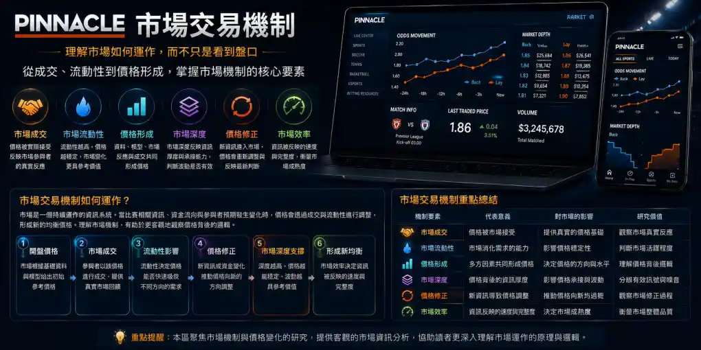 Pinnacle 市場交易機制，展示市場成交、市場流動性、價格形成、市場深度、價格修正與市場效率