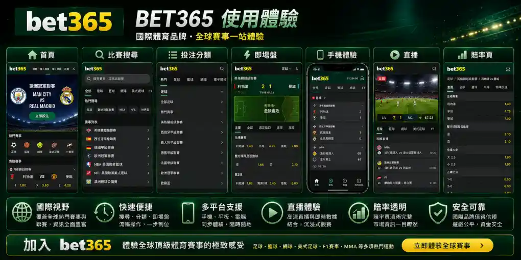 BET365 使用體驗，展示首頁、比賽搜尋、投注分類、即場盤、手機版、直播入口與賠率頁