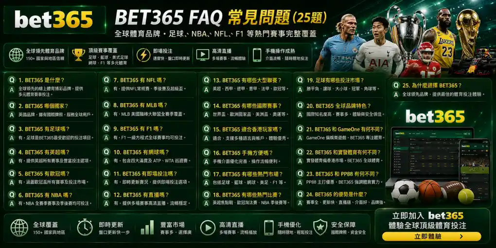 BET365 常見問題，涵蓋全球體育品牌、足球、英超、歐冠、NBA、NFL、F1、直播與即場投注