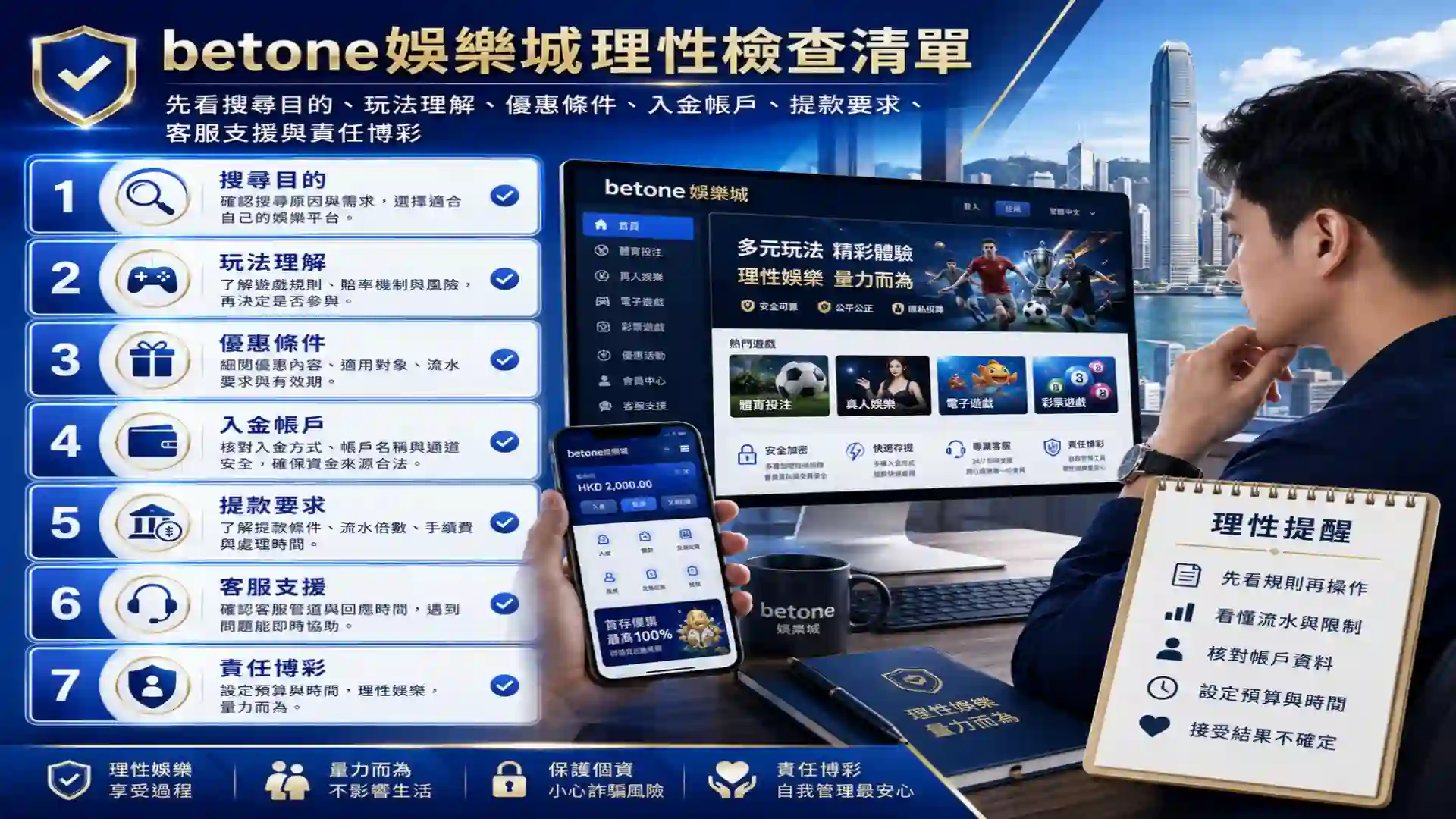 香港玩家使用betone娛樂城前的理性檢查清單，包括搜尋目的、玩法理解、優惠條件、入金帳戶、提款要求、客服支援與責任博彩