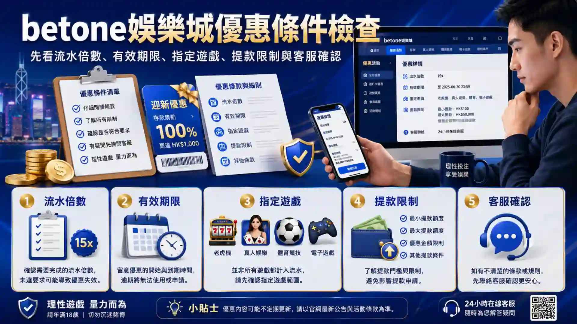 香港玩家檢查betone娛樂城優惠條件，包括流水倍數、有效期限、指定遊戲、提款限制與客服確認