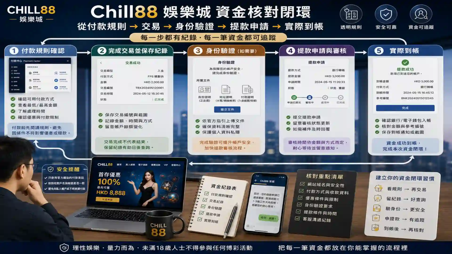 Chill88娛樂城從付款規則交易身份驗證提款申請到實際到帳的資金核對閉環
