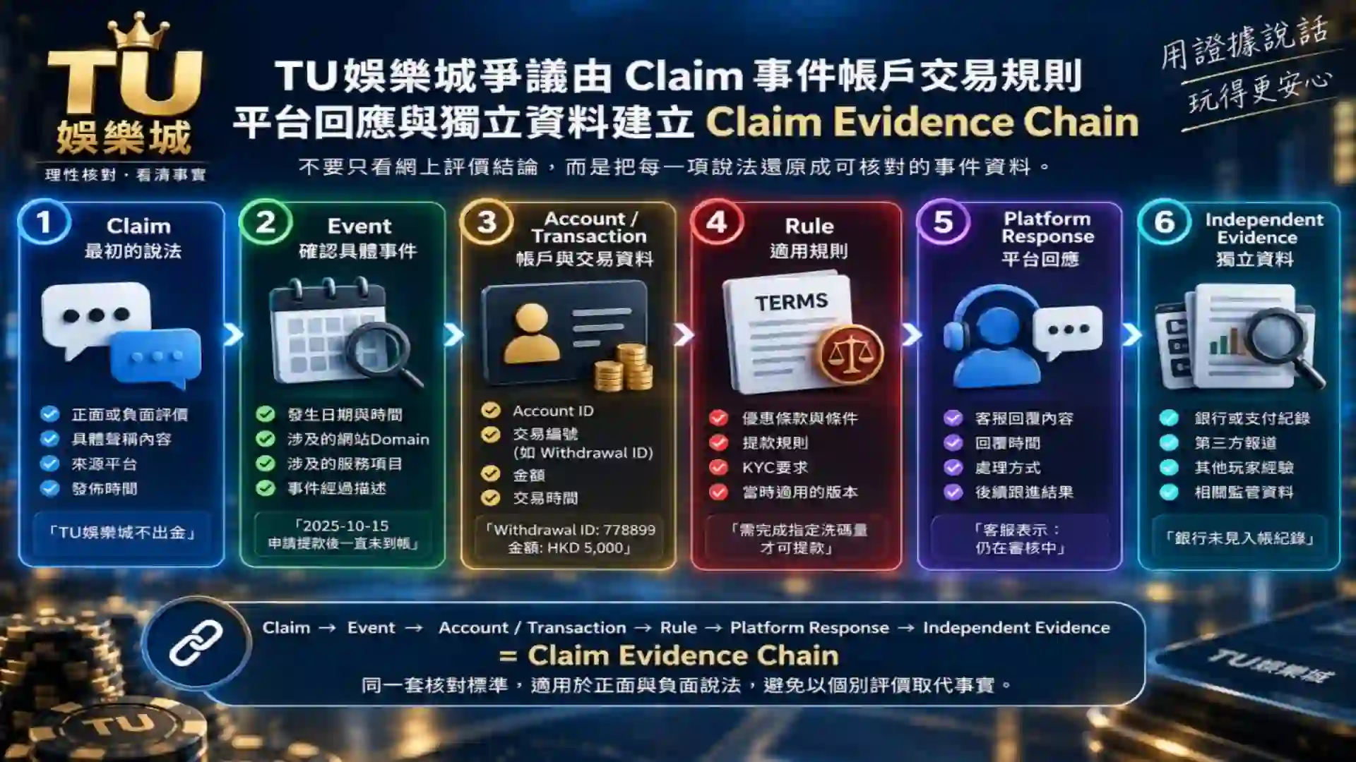 TU娛樂城爭議由Claim事件帳戶交易規則平台回應與獨立資料建立Claim Evidence Chain