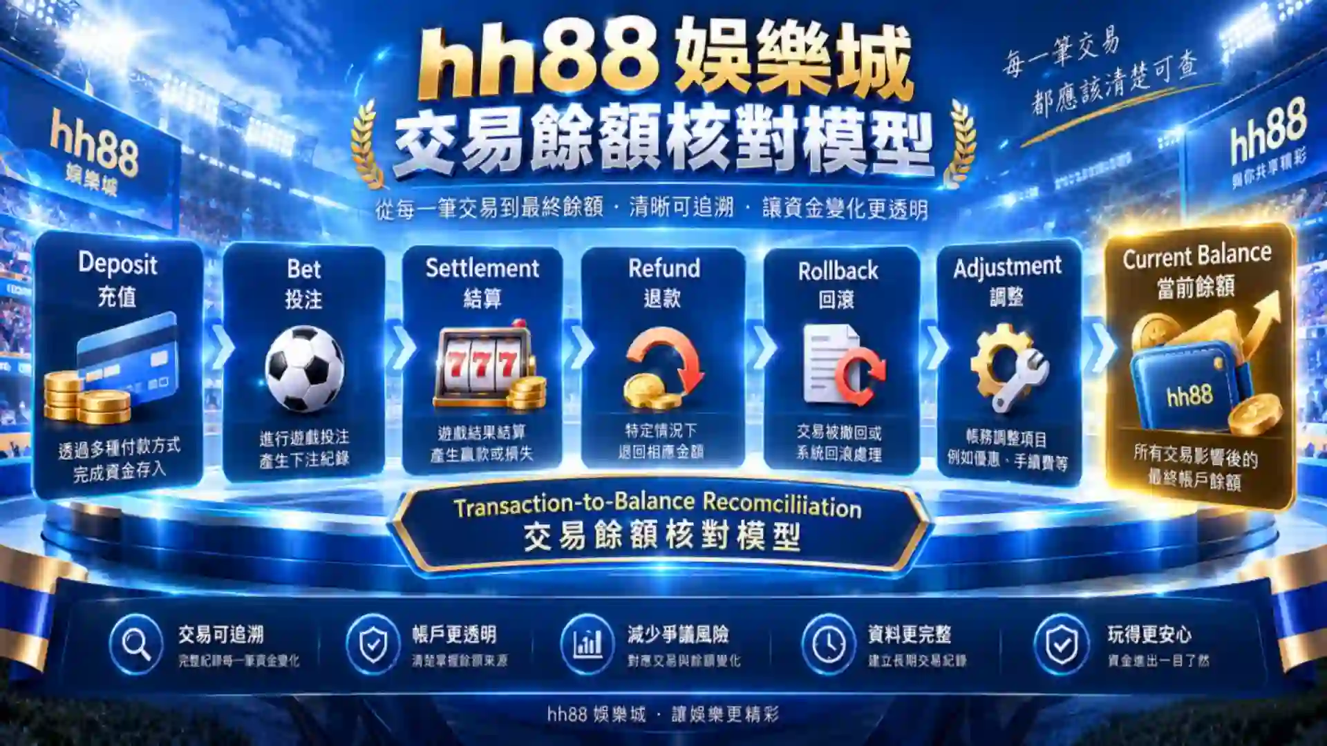 hh88娛樂城由Deposit充值Bet投注Settlement結算Refund退款Rollback回滾Adjustment調整到Current Balance建立交易餘額核對模型