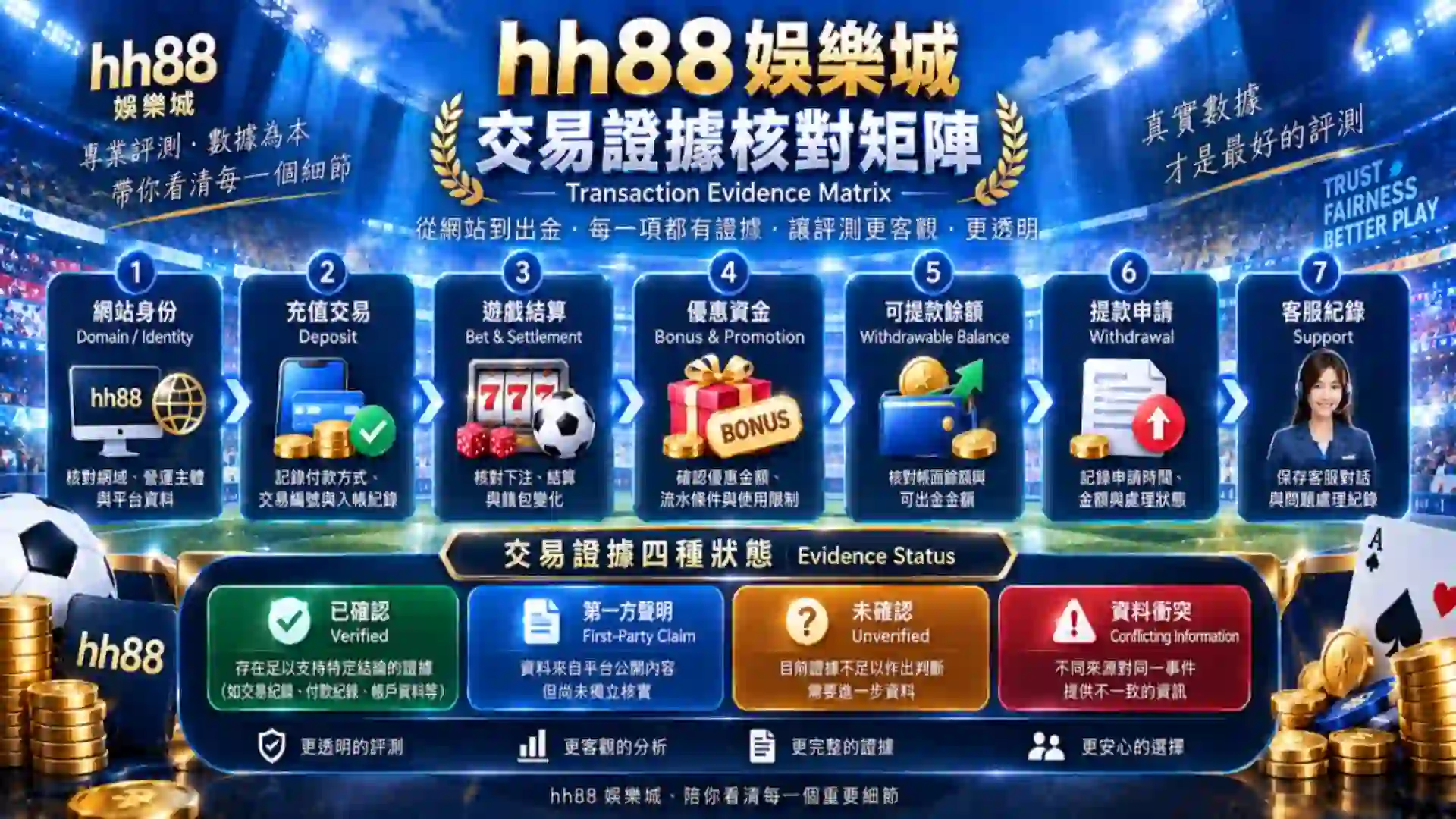 hh88娛樂城由網站身份充值交易遊戲結算優惠資金可提款餘額提款申請及客服紀錄建立已確認第一方聲明未確認與資料衝突四種證據狀態的Transaction Evidence Matrix